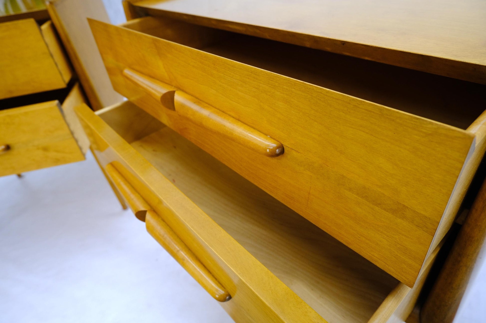 EstablishedLines Pair of Honey Amber Lacquer Edmond Spence Two Drawer Nightstands End Tables