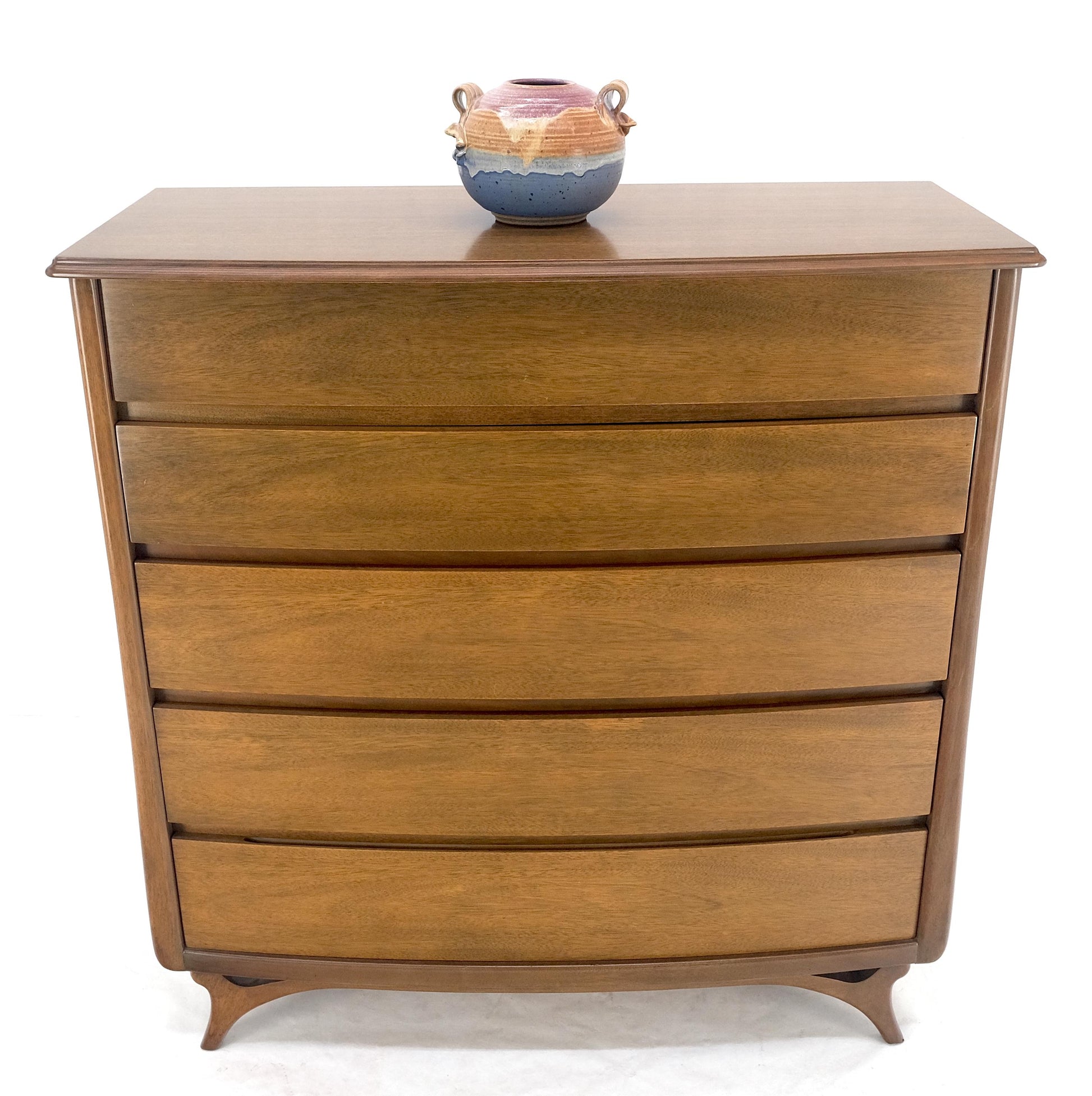 EstablishedLines Sculptured Legs American Light Walnut 5 Drawers Bow Front High Boy Dresser MINT!