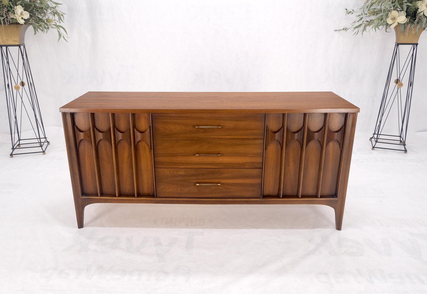 Danish Mid Century Modern Walnut 3 Drawer 2 Sculptural Doors Dresser