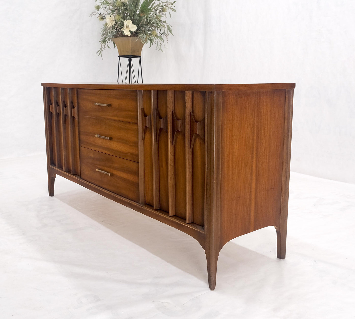 Danish Mid Century Modern Walnut 3 Drawer 2 Sculptural Doors Dresser
