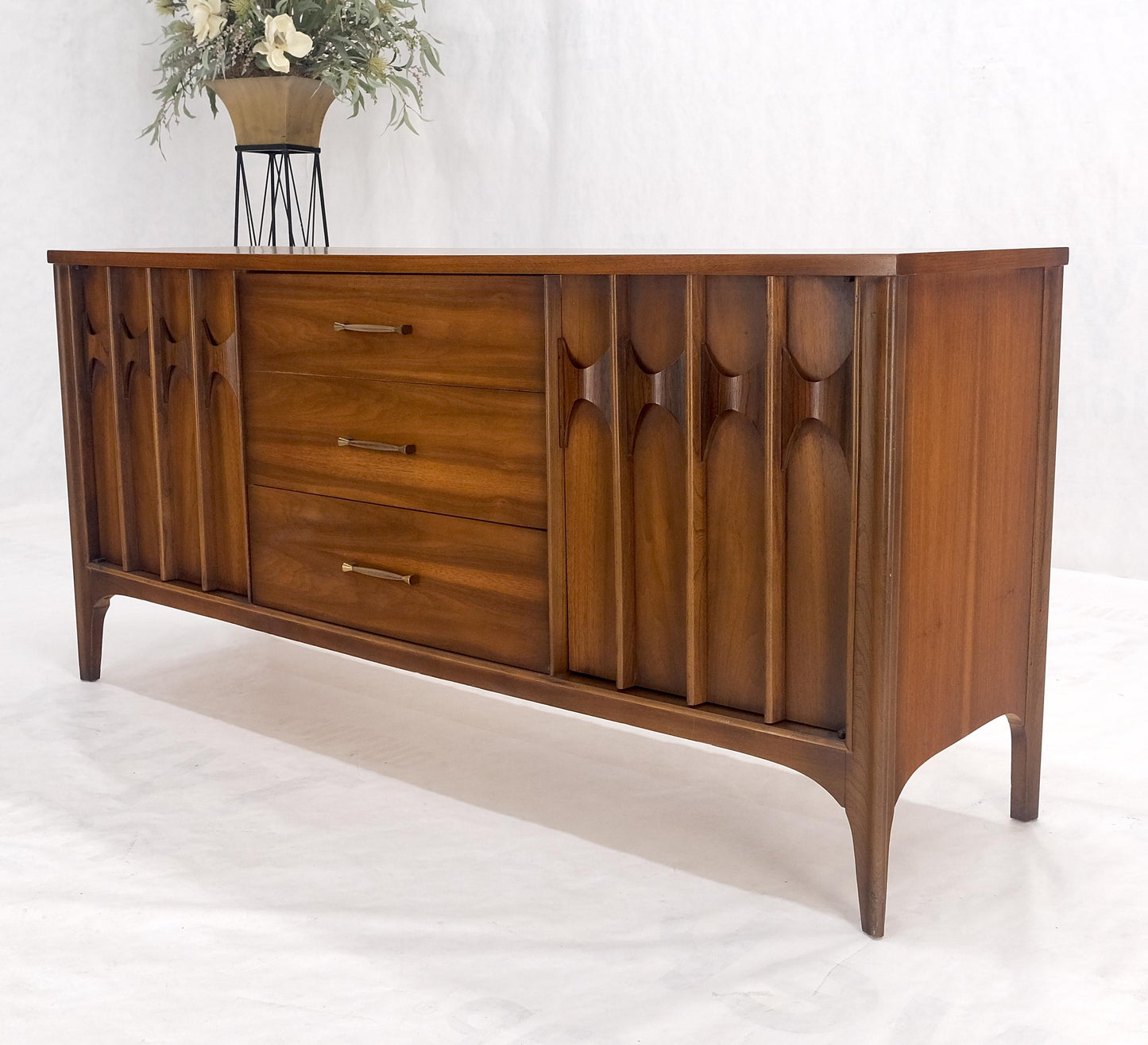 Danish Mid Century Modern Walnut 3 Drawer 2 Sculptural Doors Dresser