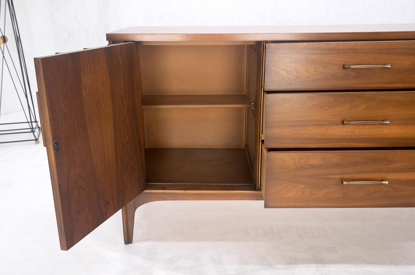 Danish Mid Century Modern Walnut 3 Drawer 2 Sculptural Doors Dresser