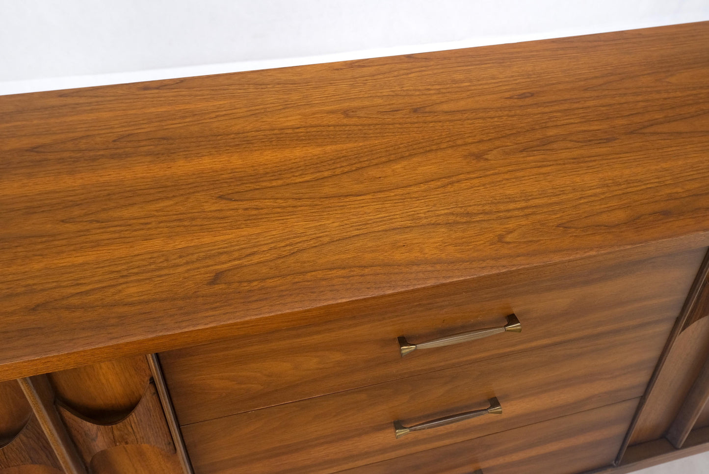 Danish Mid Century Modern Walnut 3 Drawer 2 Sculptural Doors Dresser