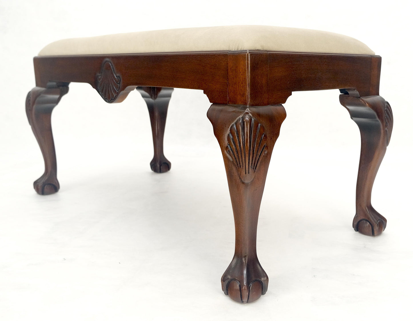 EstablishedLines Carved Mahogany Ball & Claw Chippendale Feet Ultra Suede Upholstery Bench MINT