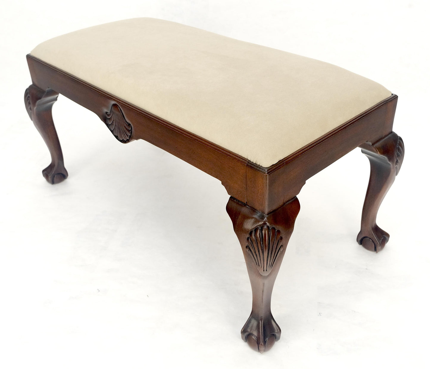 EstablishedLines Carved Mahogany Ball & Claw Chippendale Feet Ultra Suede Upholstery Bench MINT