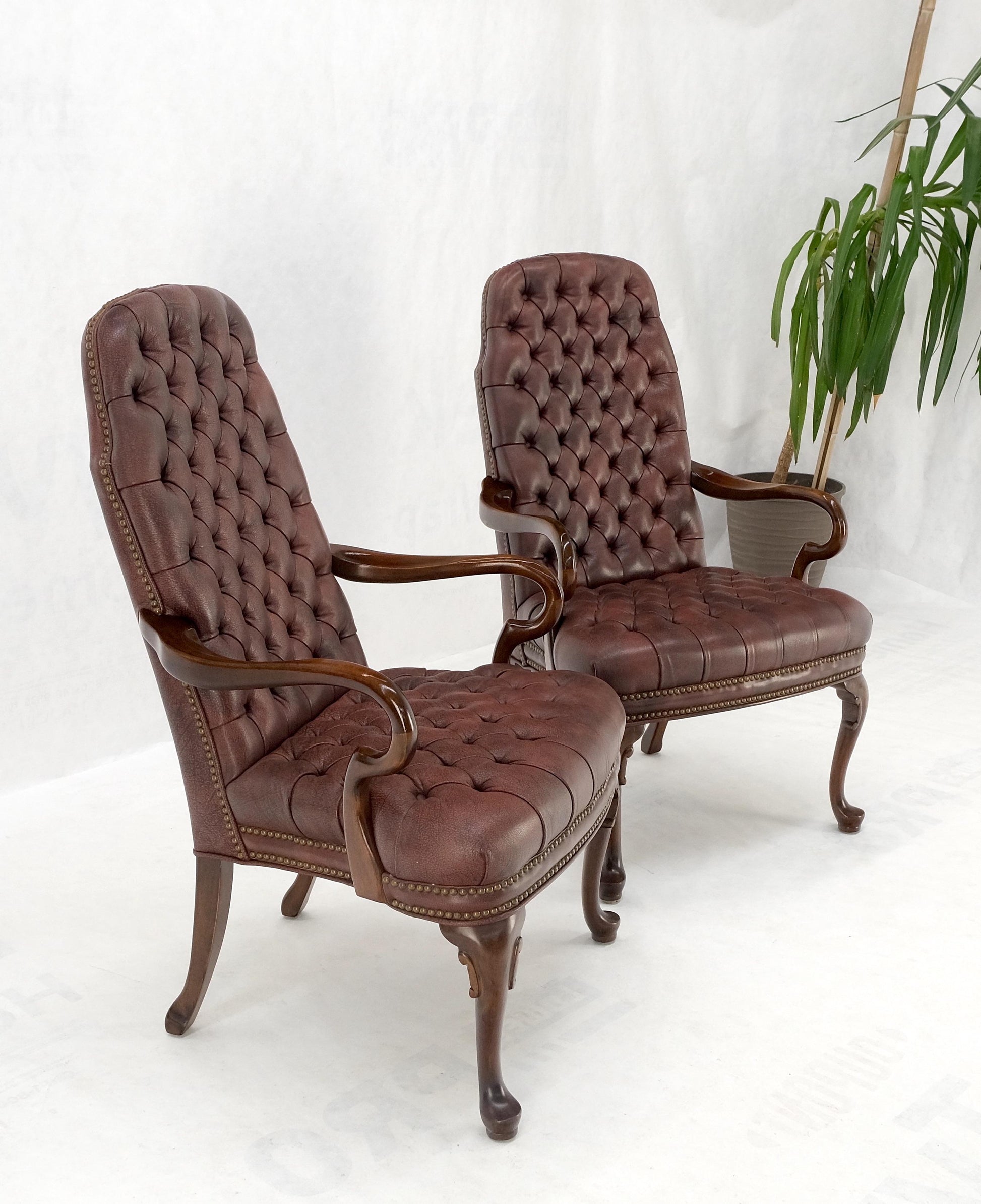 EstablishedLines Pair Burgundy Leather Queen Anne Tufted Upholstery Walnut Armchairs MINT