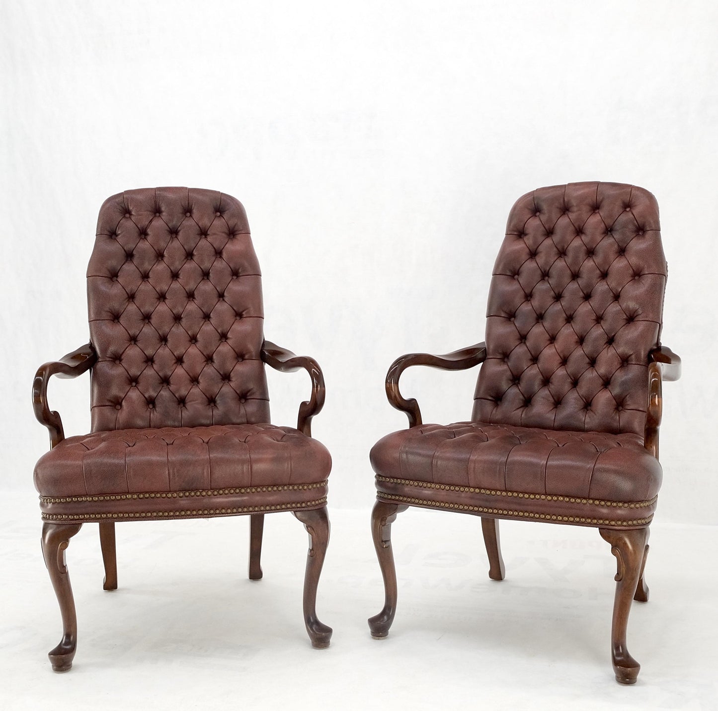 EstablishedLines Pair Burgundy Leather Queen Anne Tufted Upholstery Walnut Armchairs MINT