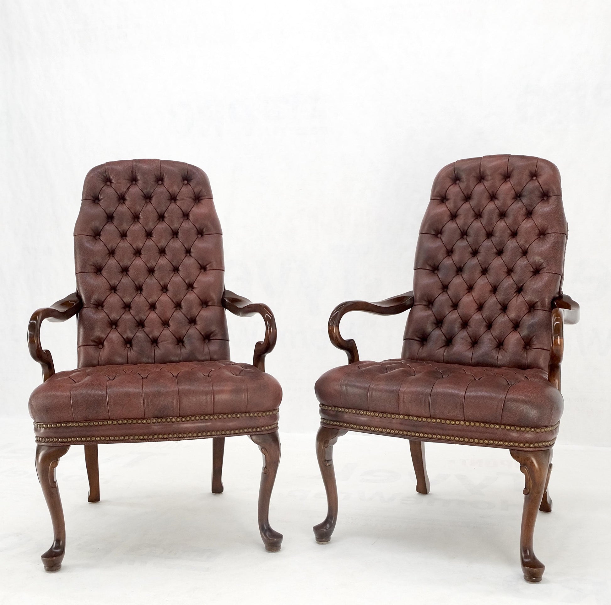 EstablishedLines Pair Burgundy Leather Queen Anne Tufted Upholstery Walnut Armchairs MINT