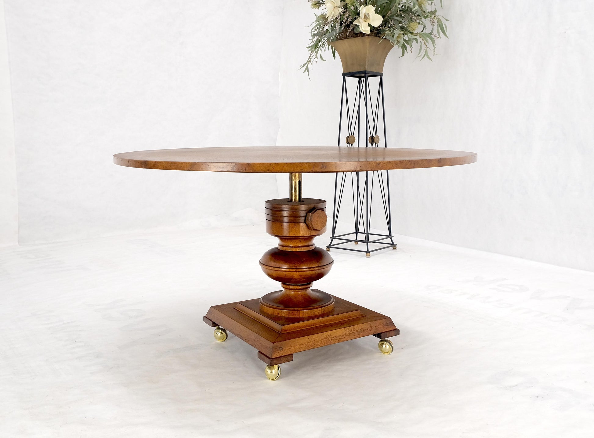 EstablishedLines Round Burl Wood Adjustable Height Single Pedestal Base Dining-Coffee Table MINT!