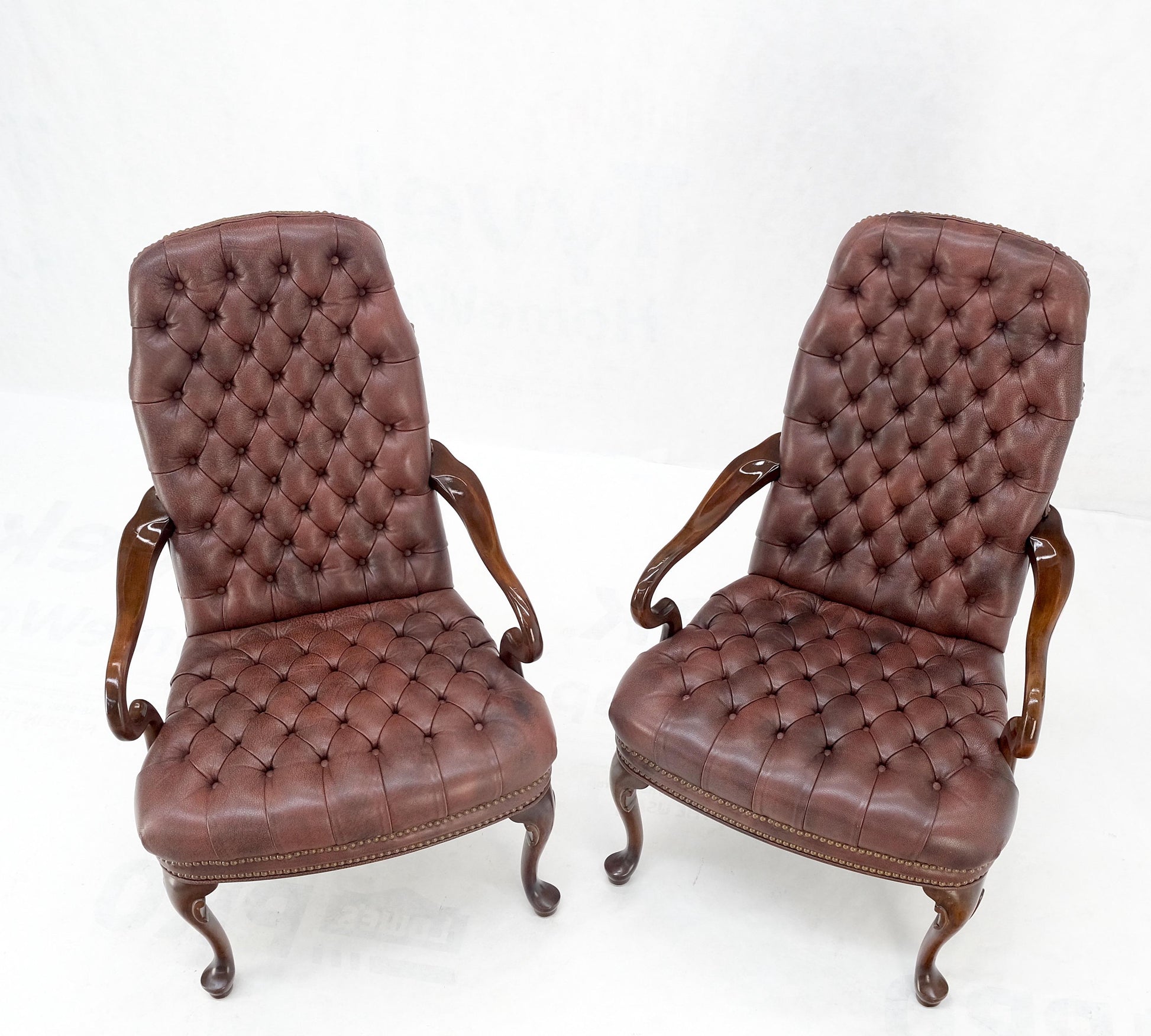EstablishedLines Pair Burgundy Leather Queen Anne Tufted Upholstery Walnut Armchairs MINT