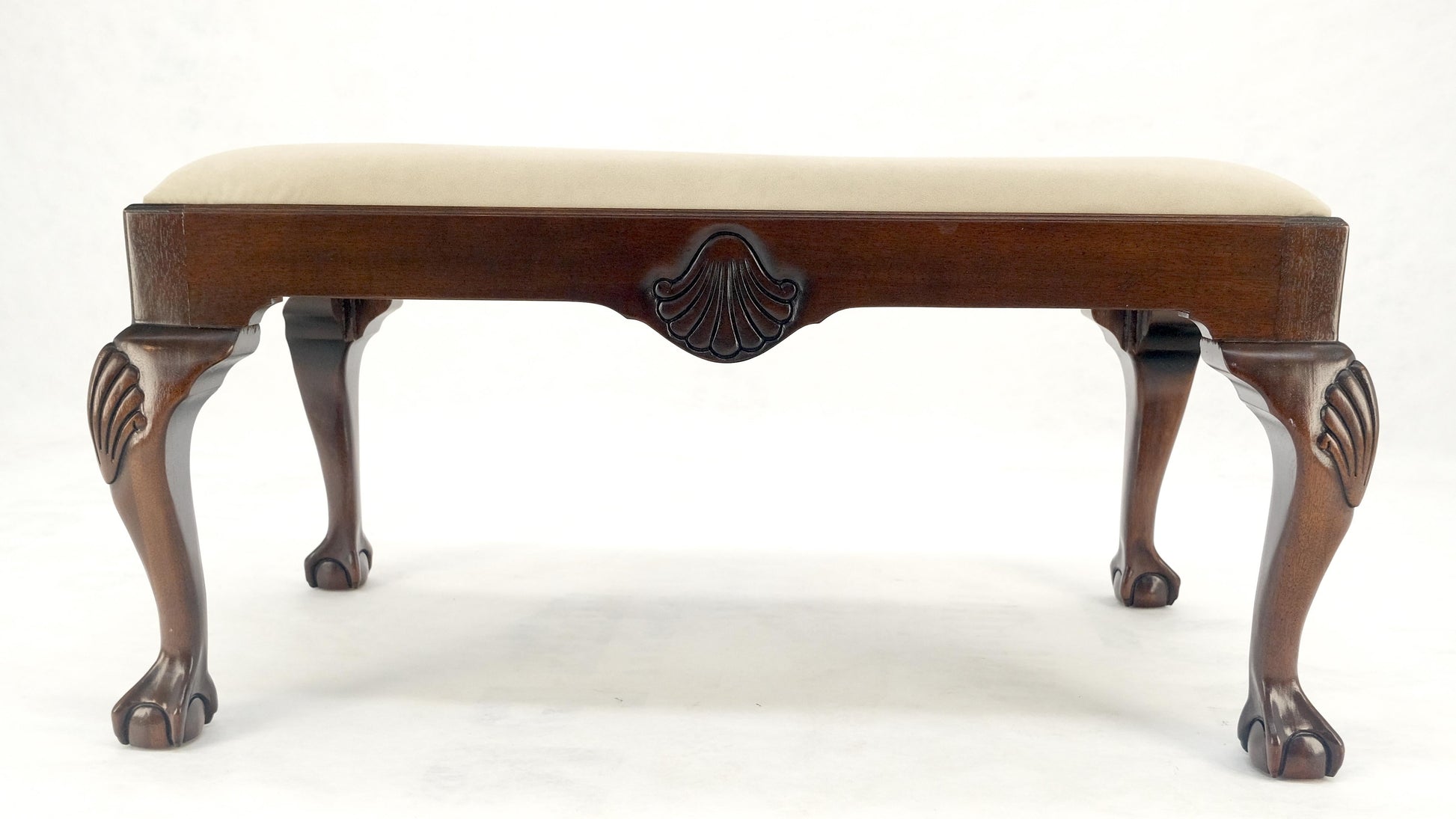 EstablishedLines Carved Mahogany Ball & Claw Chippendale Feet Ultra Suede Upholstery Bench MINT
