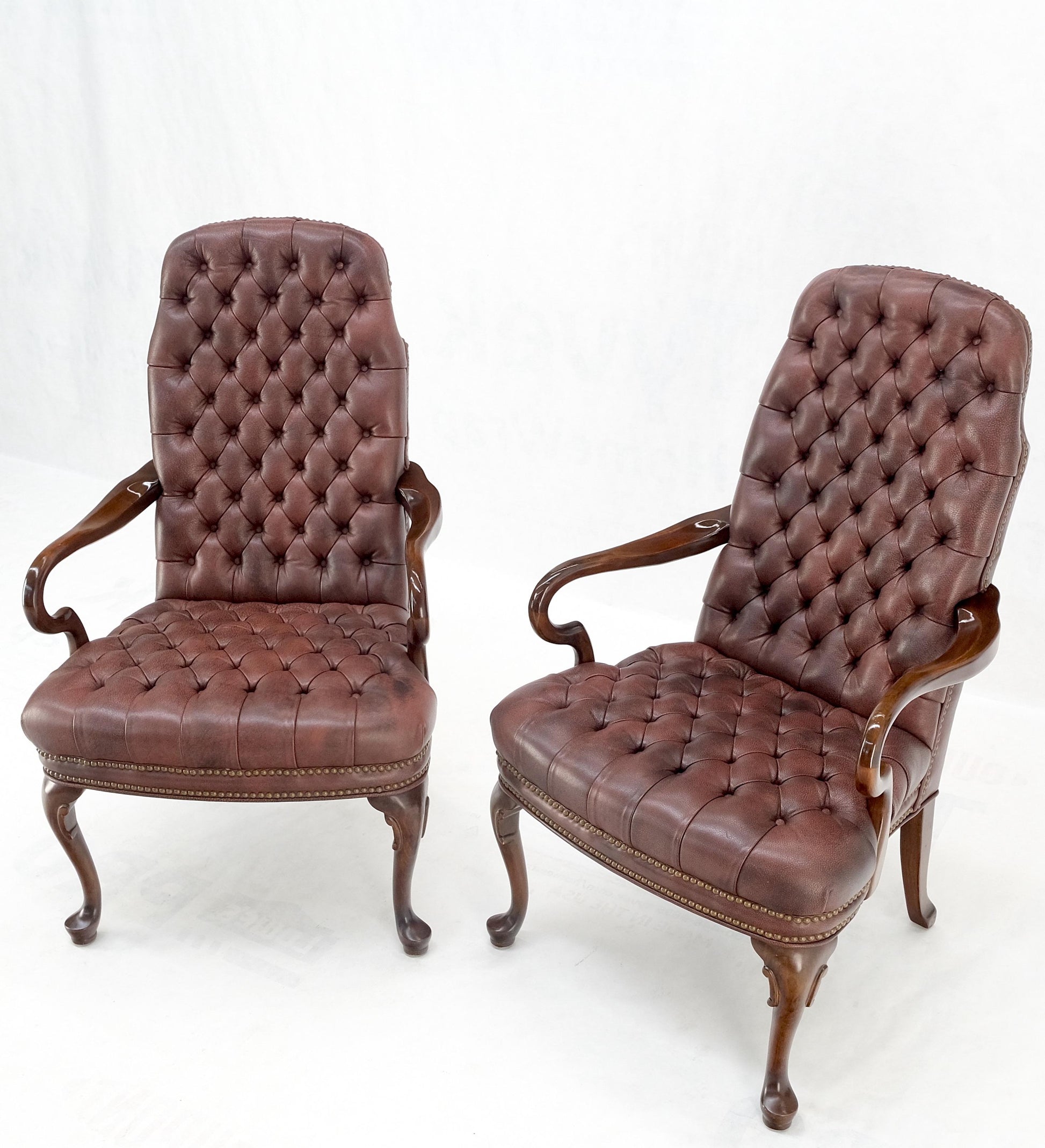 EstablishedLines Pair Burgundy Leather Queen Anne Tufted Upholstery Walnut Armchairs MINT
