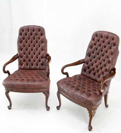EstablishedLines Pair Burgundy Leather Queen Anne Tufted Upholstery Walnut Armchairs MINT
