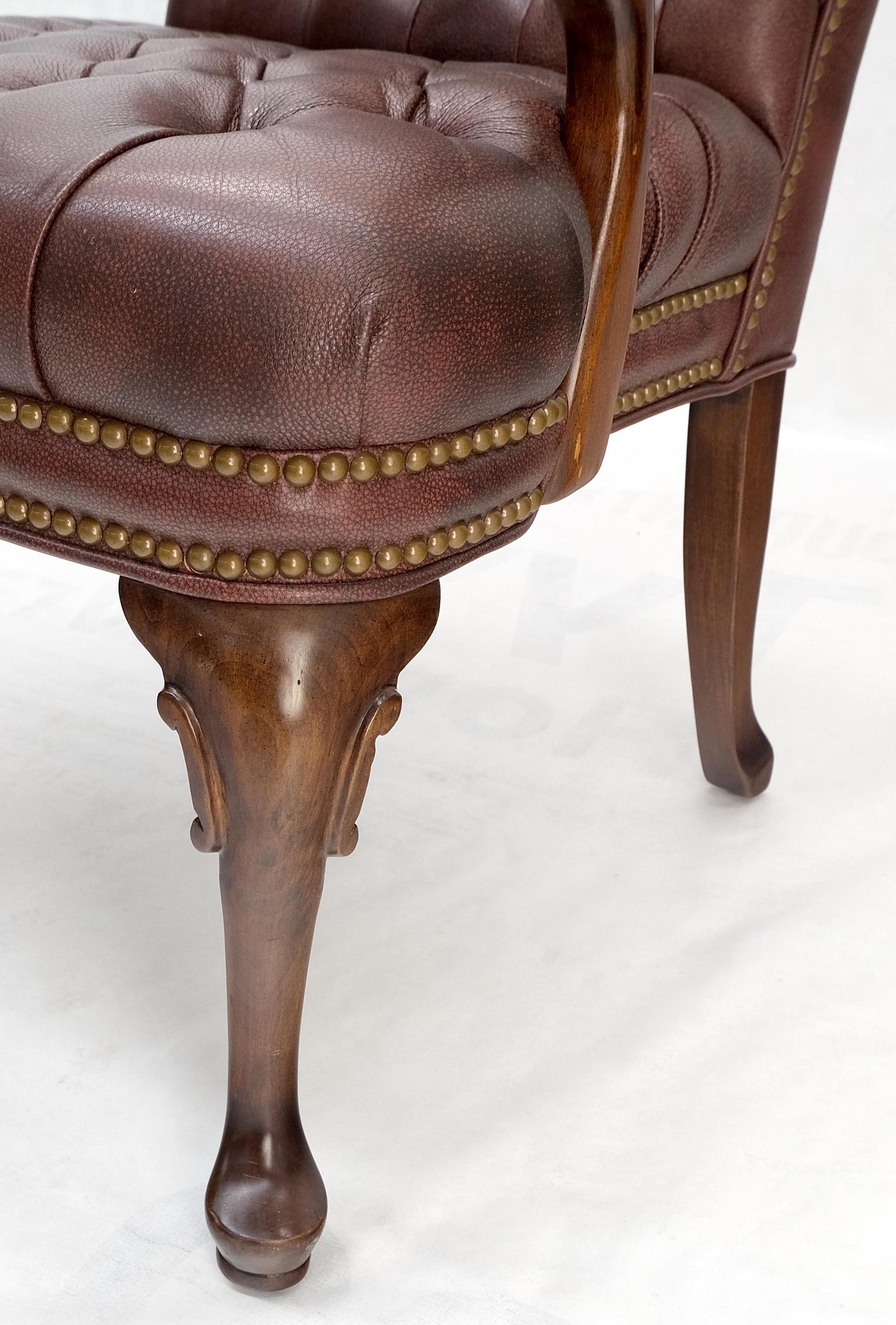 EstablishedLines Pair Burgundy Leather Queen Anne Tufted Upholstery Walnut Armchairs MINT