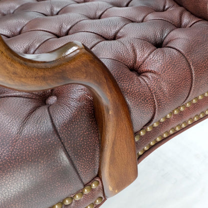 EstablishedLines Pair Burgundy Leather Queen Anne Tufted Upholstery Walnut Armchairs MINT