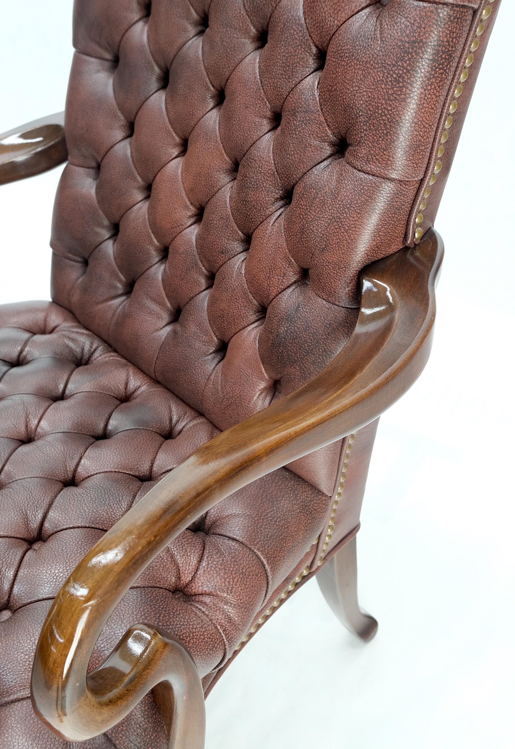 EstablishedLines Pair Burgundy Leather Queen Anne Tufted Upholstery Walnut Armchairs MINT