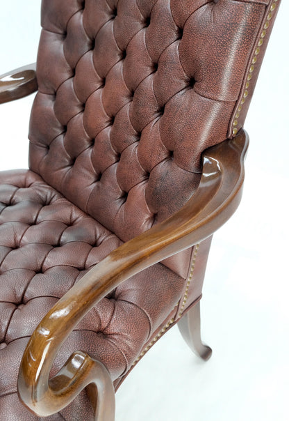 EstablishedLines Pair Burgundy Leather Queen Anne Tufted Upholstery Walnut Armchairs MINT
