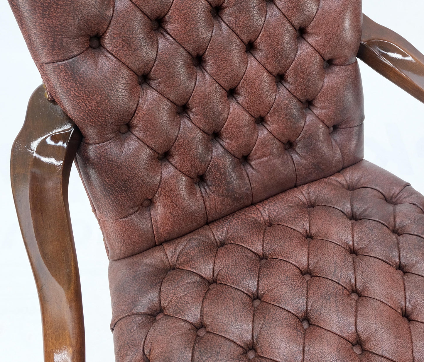 EstablishedLines Pair Burgundy Leather Queen Anne Tufted Upholstery Walnut Armchairs MINT