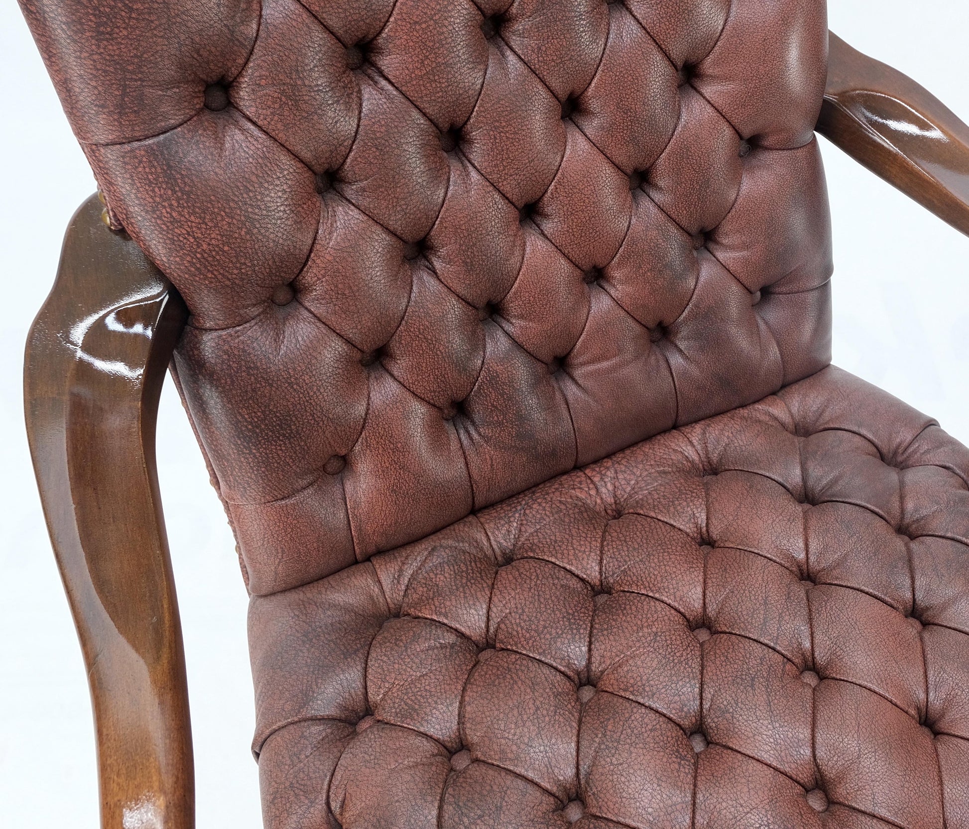 EstablishedLines Pair Burgundy Leather Queen Anne Tufted Upholstery Walnut Armchairs MINT