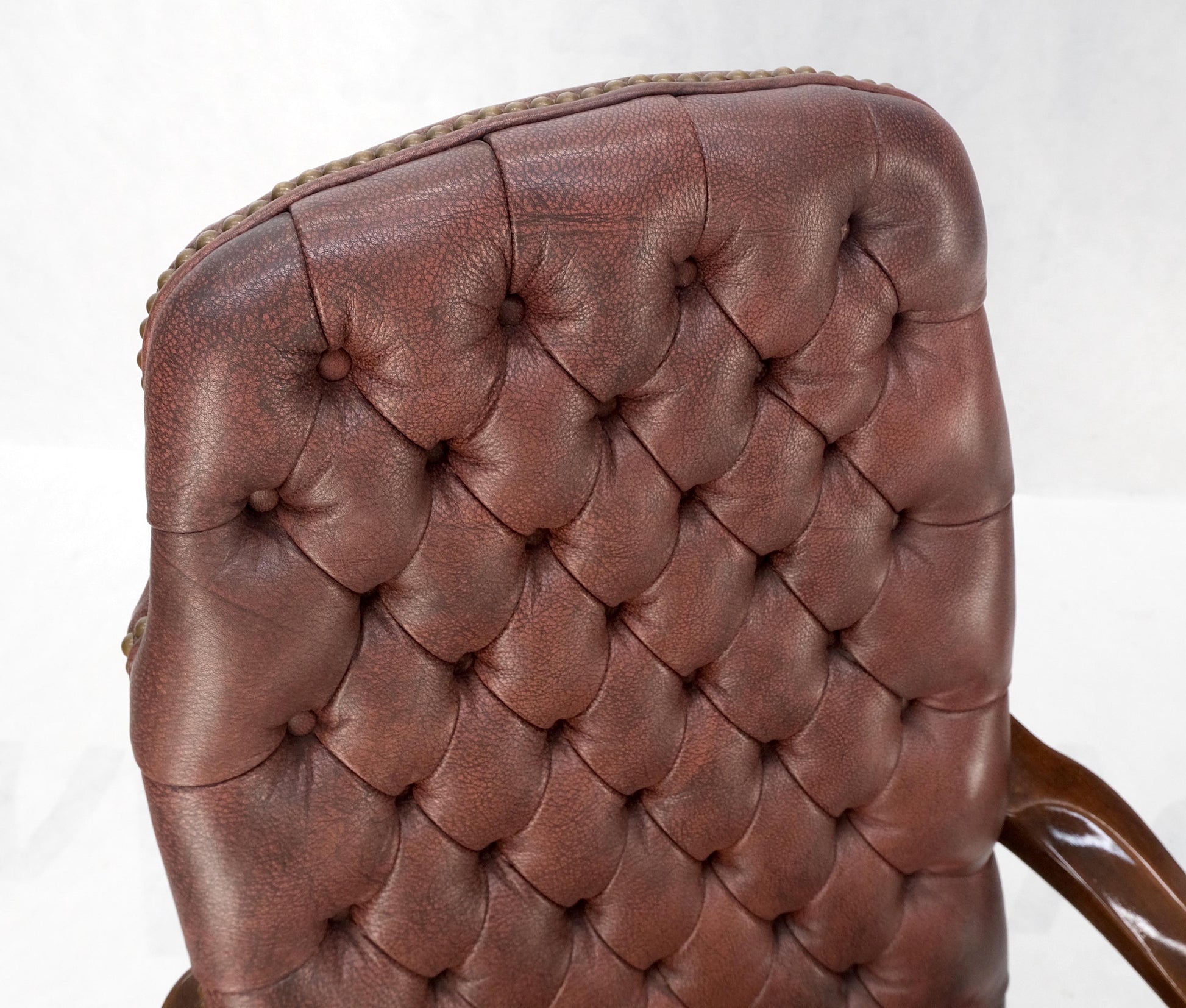 EstablishedLines Pair Burgundy Leather Queen Anne Tufted Upholstery Walnut Armchairs MINT