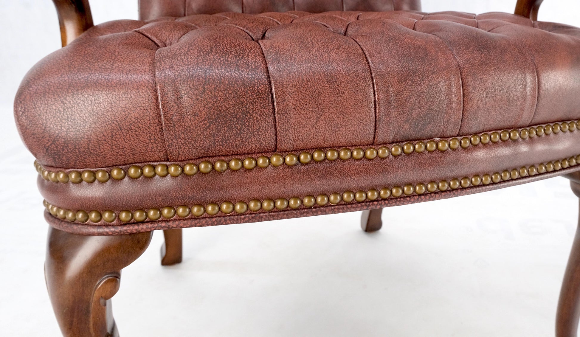 EstablishedLines Pair Burgundy Leather Queen Anne Tufted Upholstery Walnut Armchairs MINT