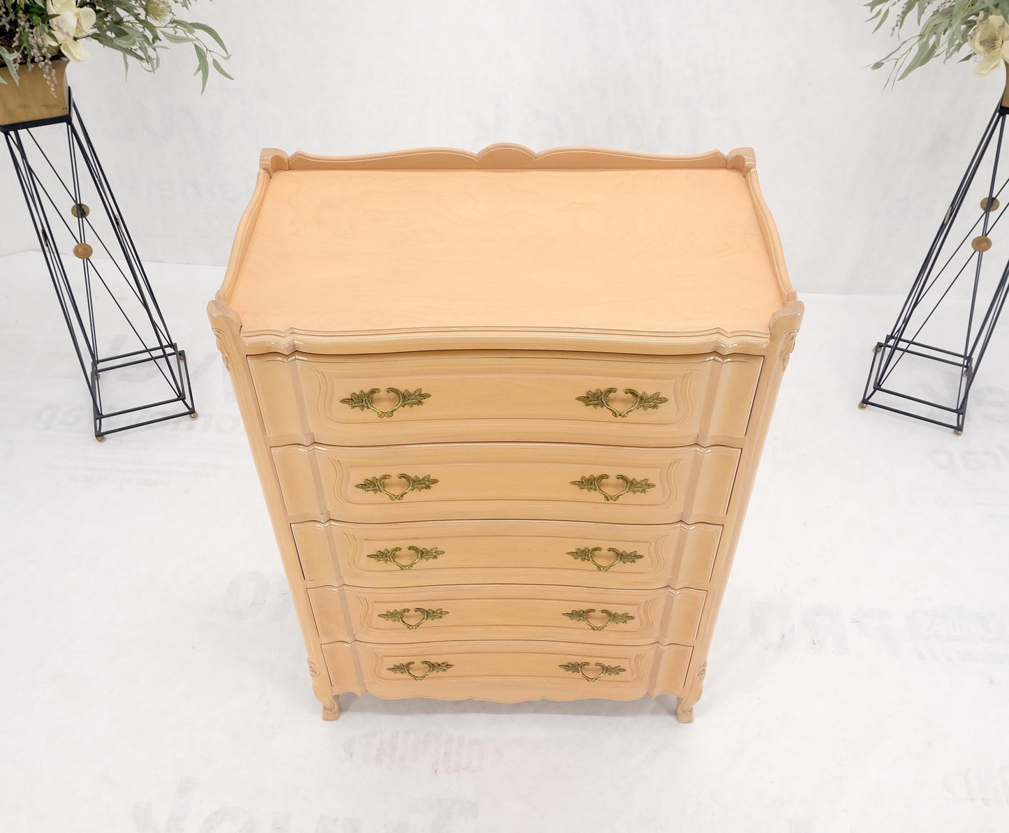 Carved Pickled Beige to White Solid Cherry Raised Panels Brass Hardware Gallery