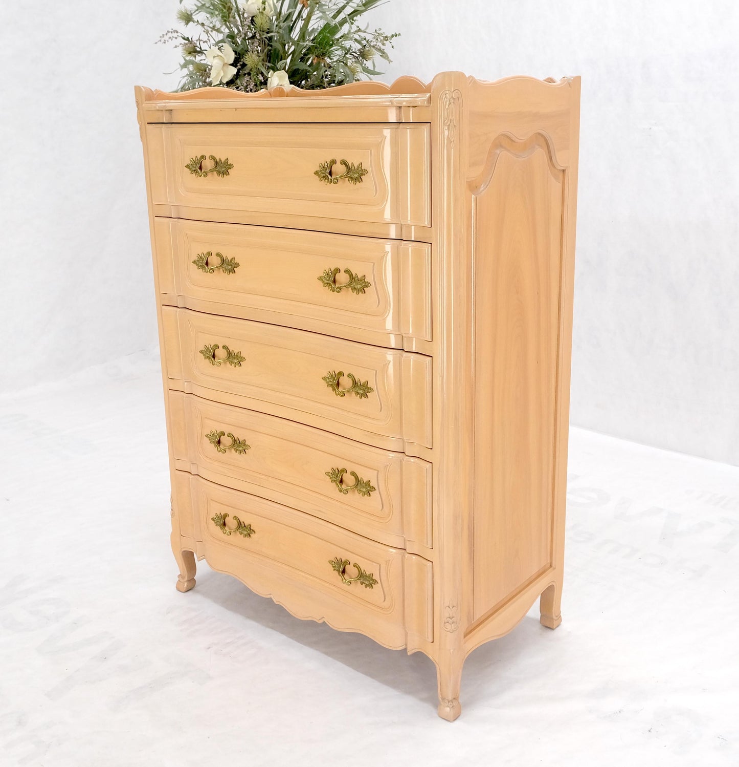 Carved Pickled Beige to White Solid Cherry Raised Panels Brass Hardware Gallery