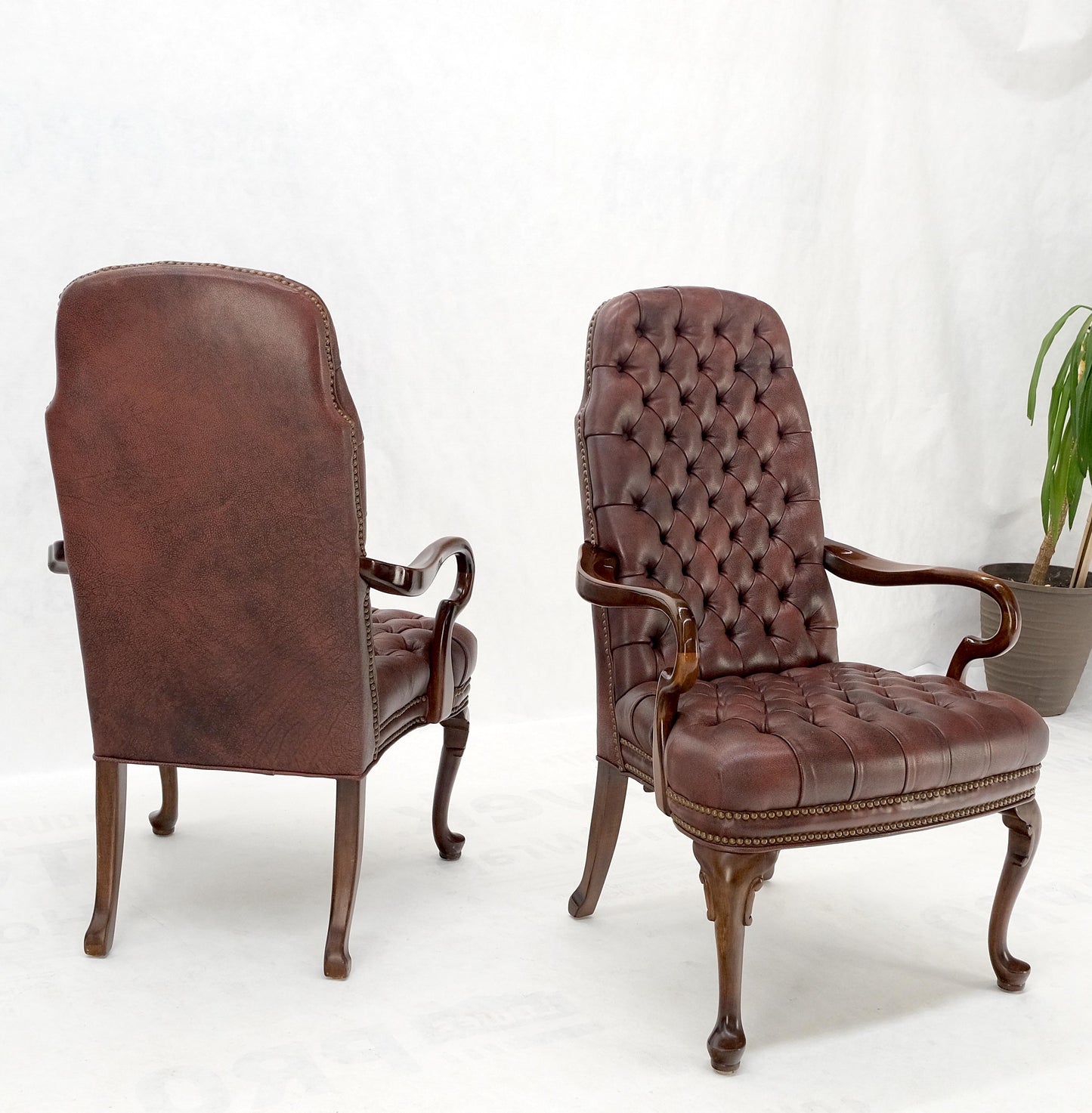 EstablishedLines Pair Burgundy Leather Queen Anne Tufted Upholstery Walnut Armchairs MINT