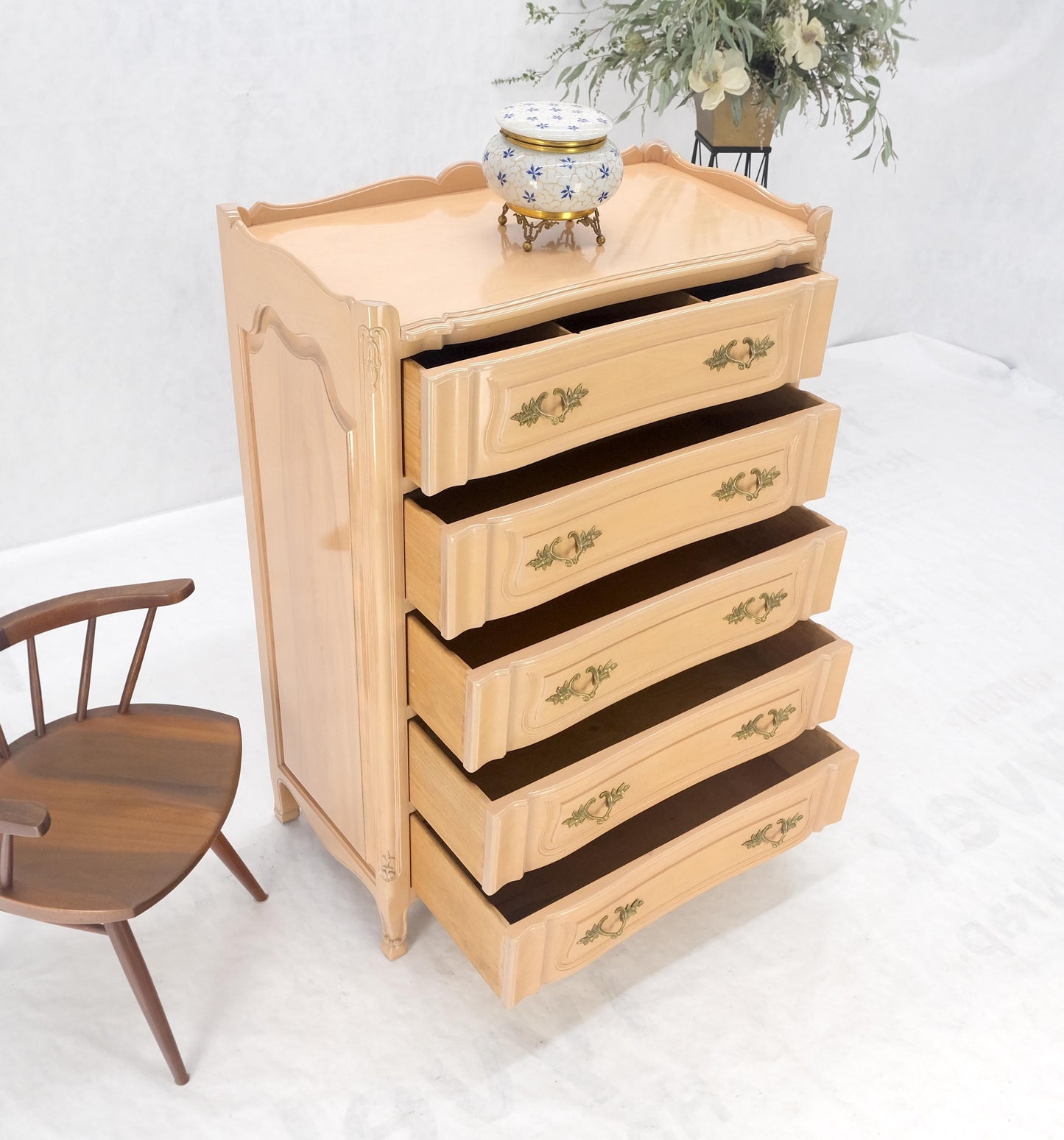Carved Pickled Beige to White Solid Cherry Raised Panels Brass Hardware Gallery