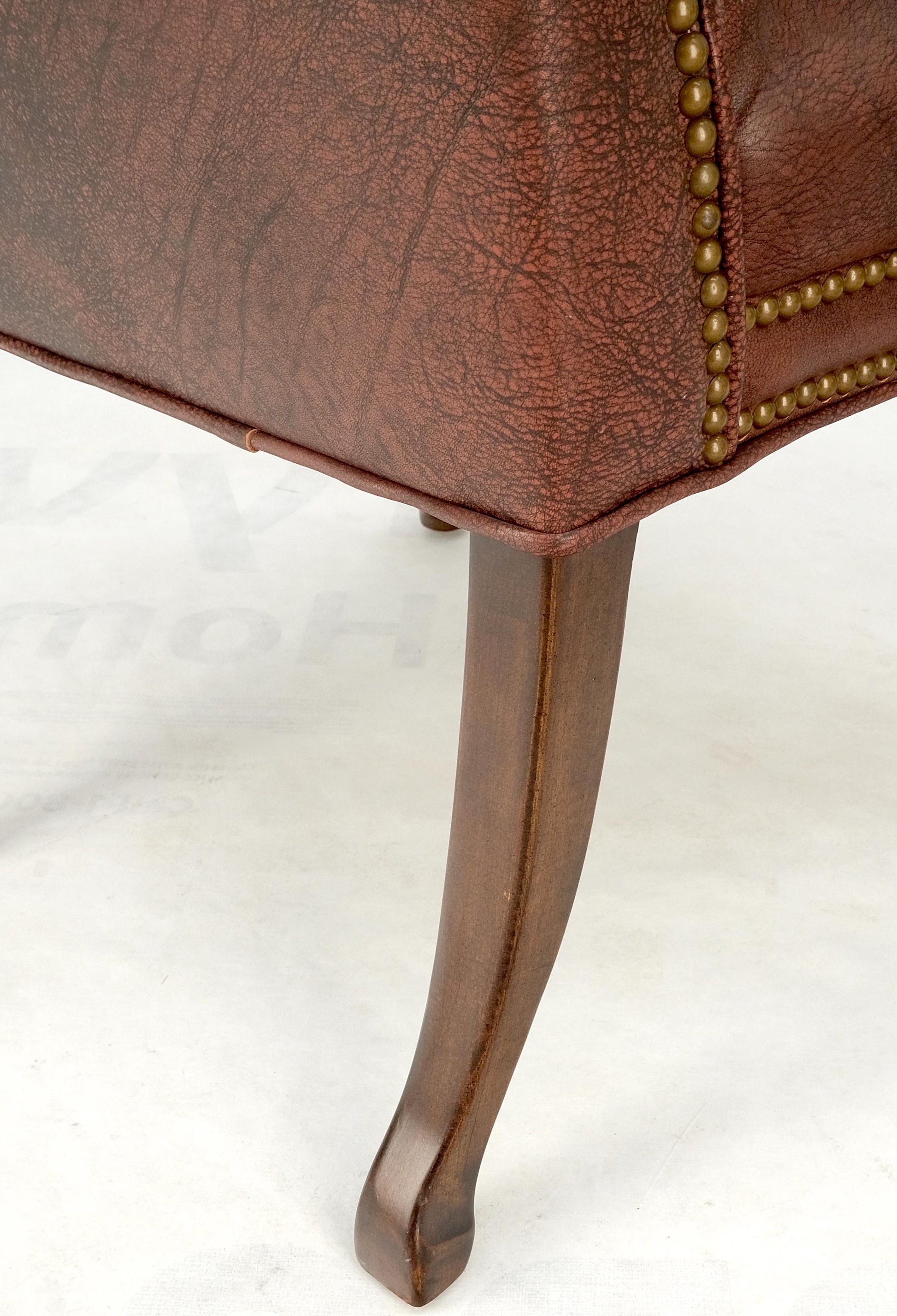 EstablishedLines Pair Burgundy Leather Queen Anne Tufted Upholstery Walnut Armchairs MINT