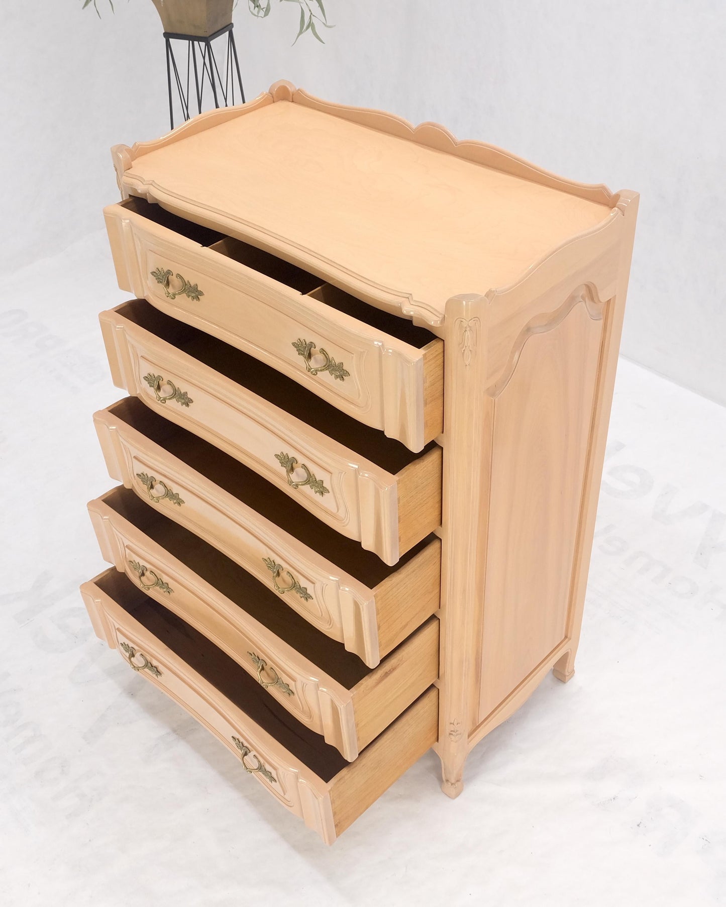 Carved Pickled Beige to White Solid Cherry Raised Panels Brass Hardware Gallery