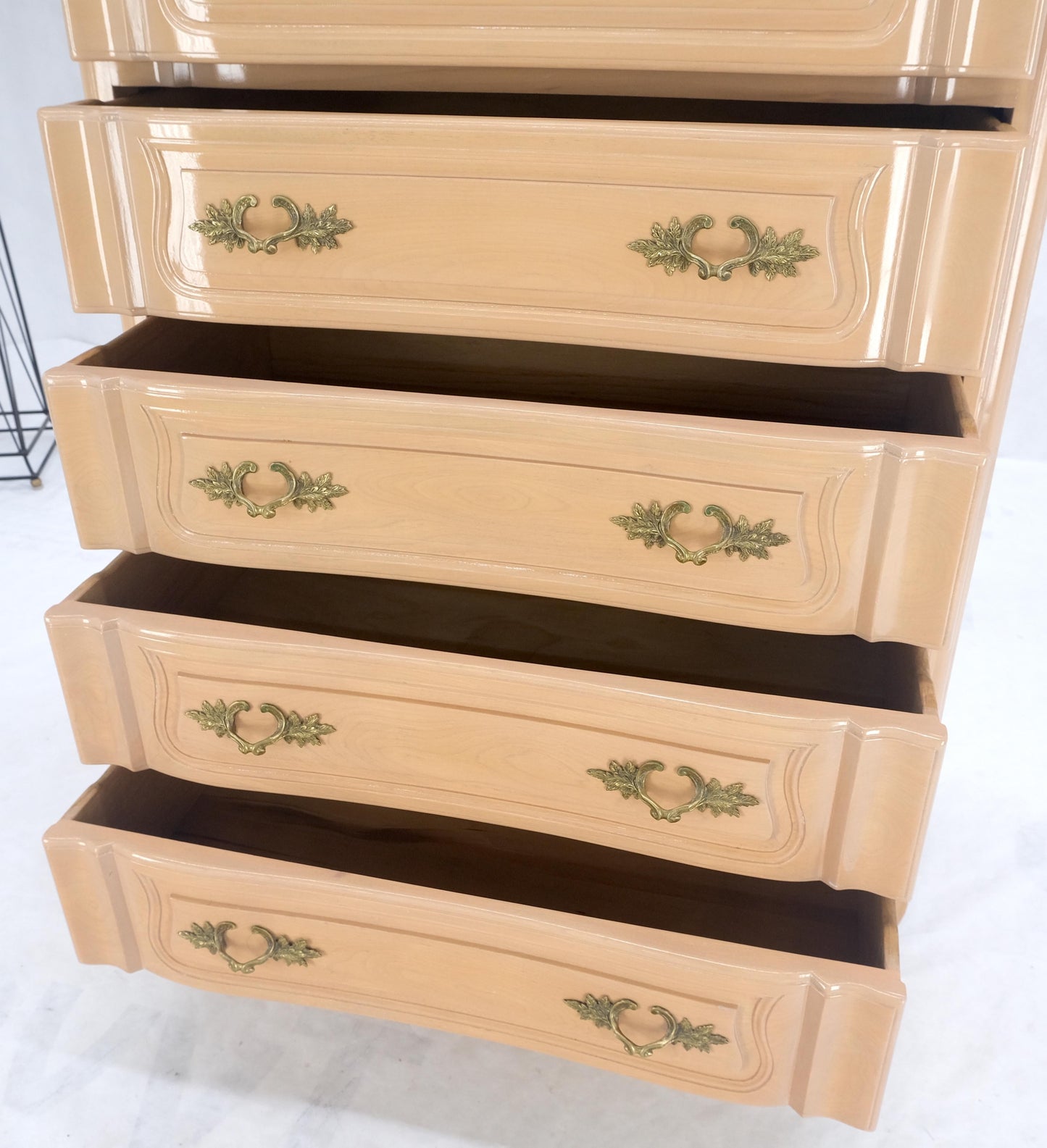 Carved Pickled Beige to White Solid Cherry Raised Panels Brass Hardware Gallery
