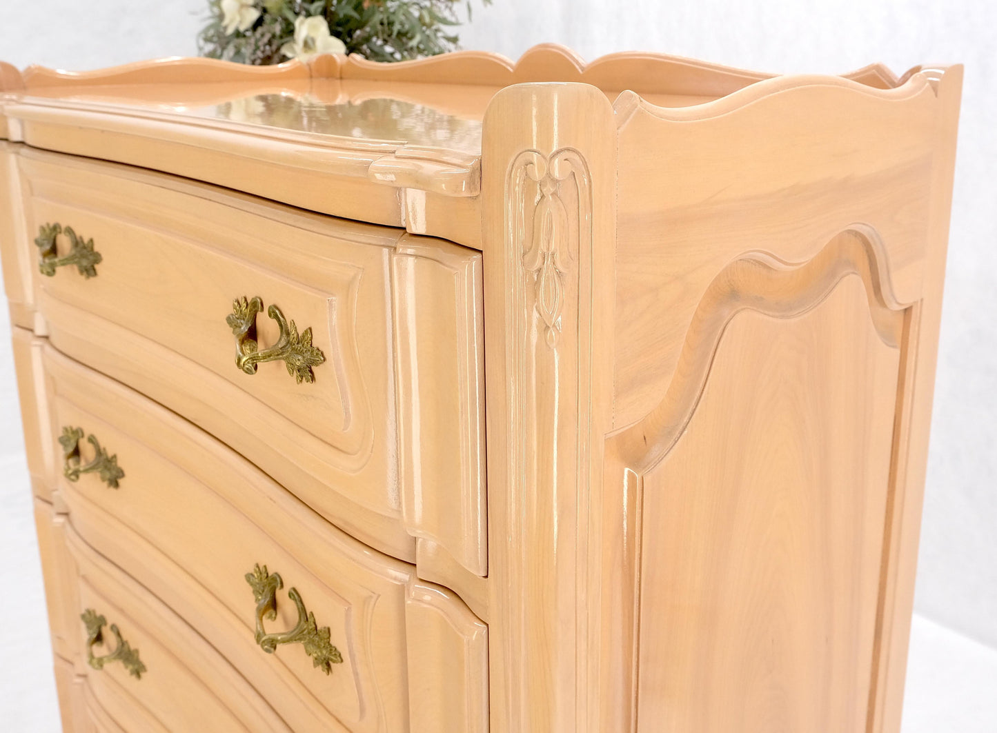 Carved Pickled Beige to White Solid Cherry Raised Panels Brass Hardware Gallery