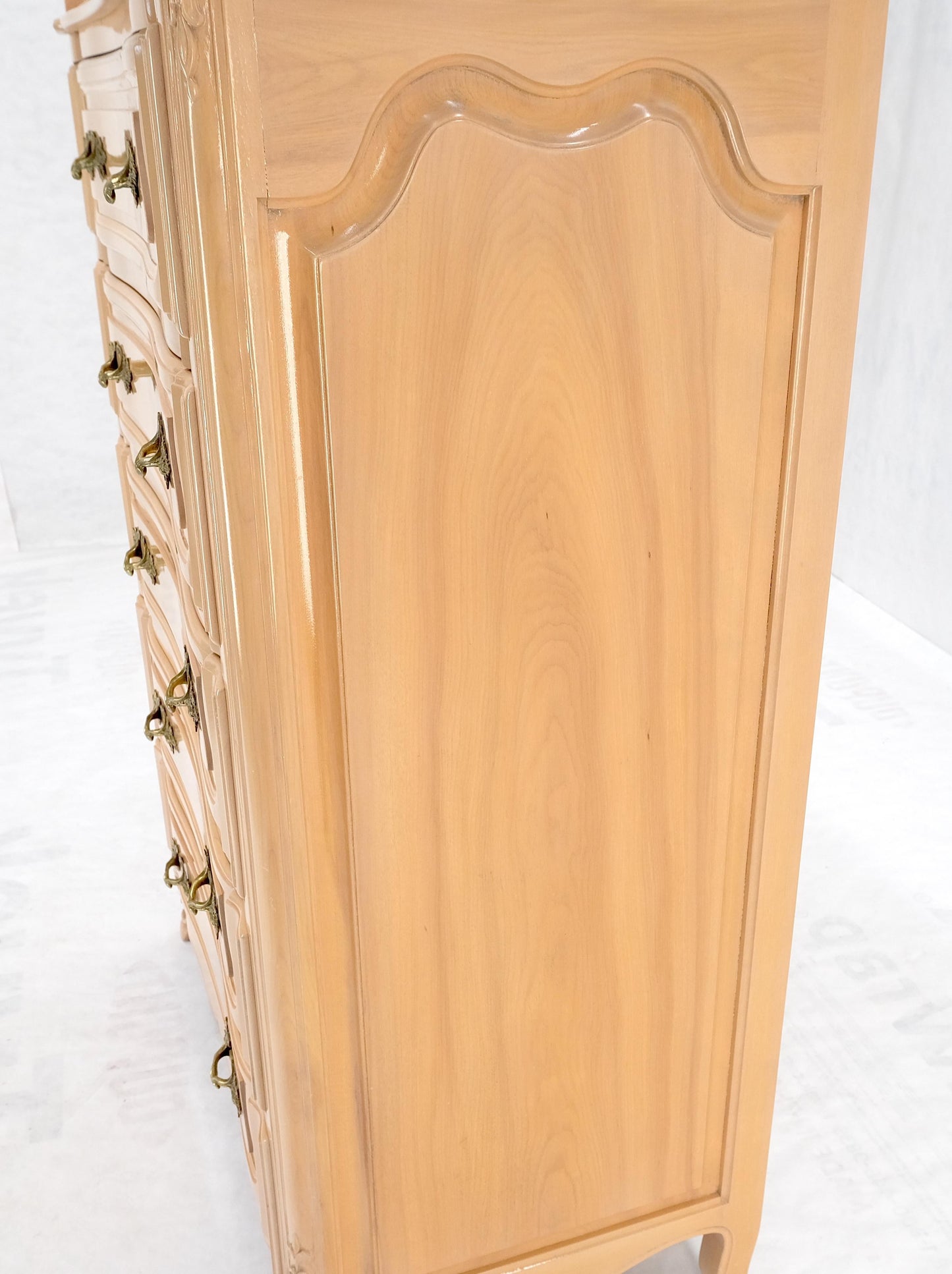 Carved Pickled Beige to White Solid Cherry Raised Panels Brass Hardware Gallery