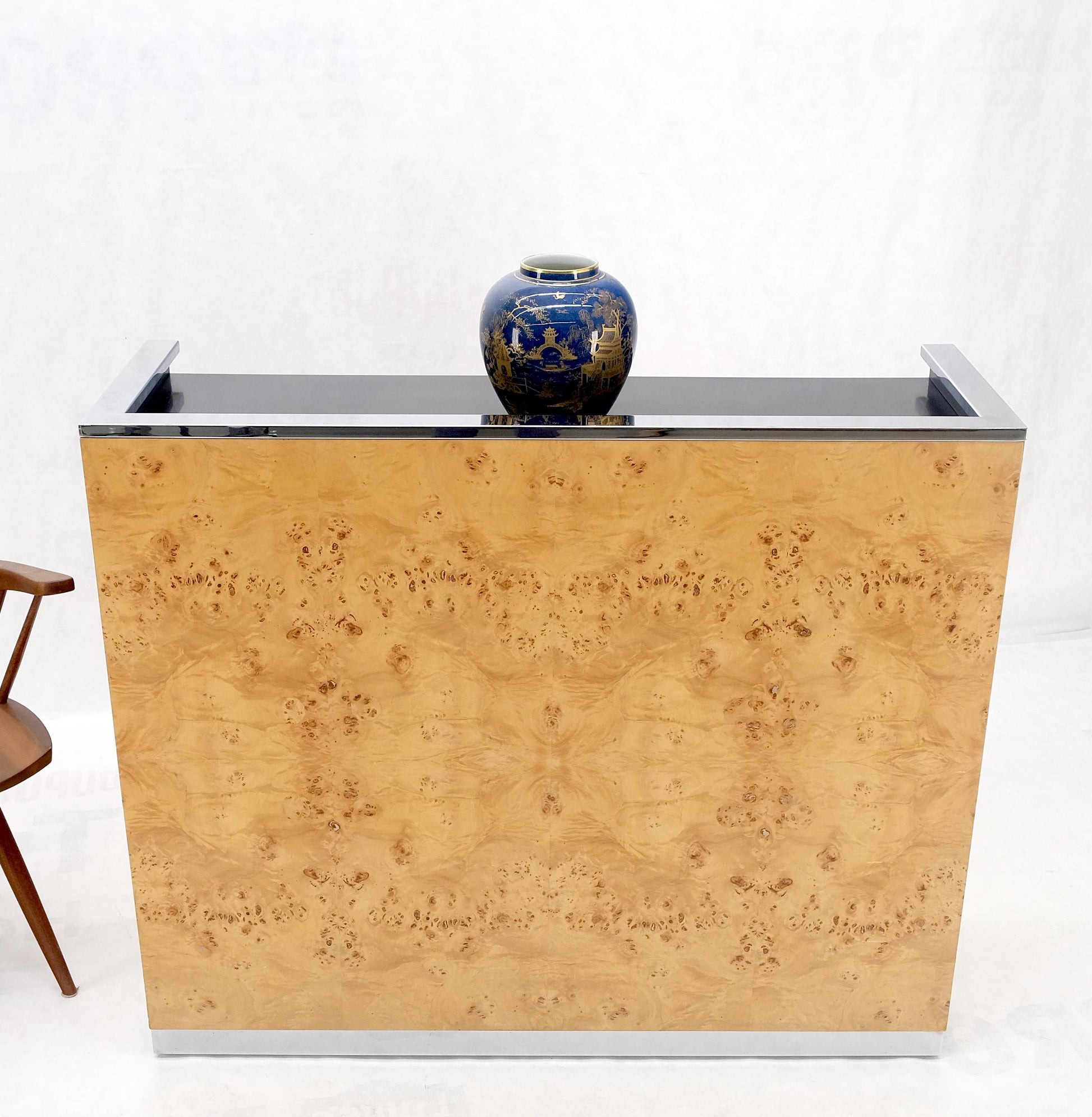 EstablishedLines Milo Baughman Decor Burl Walnut & Chrome Mid-Century Modern Liquor Serving Bar