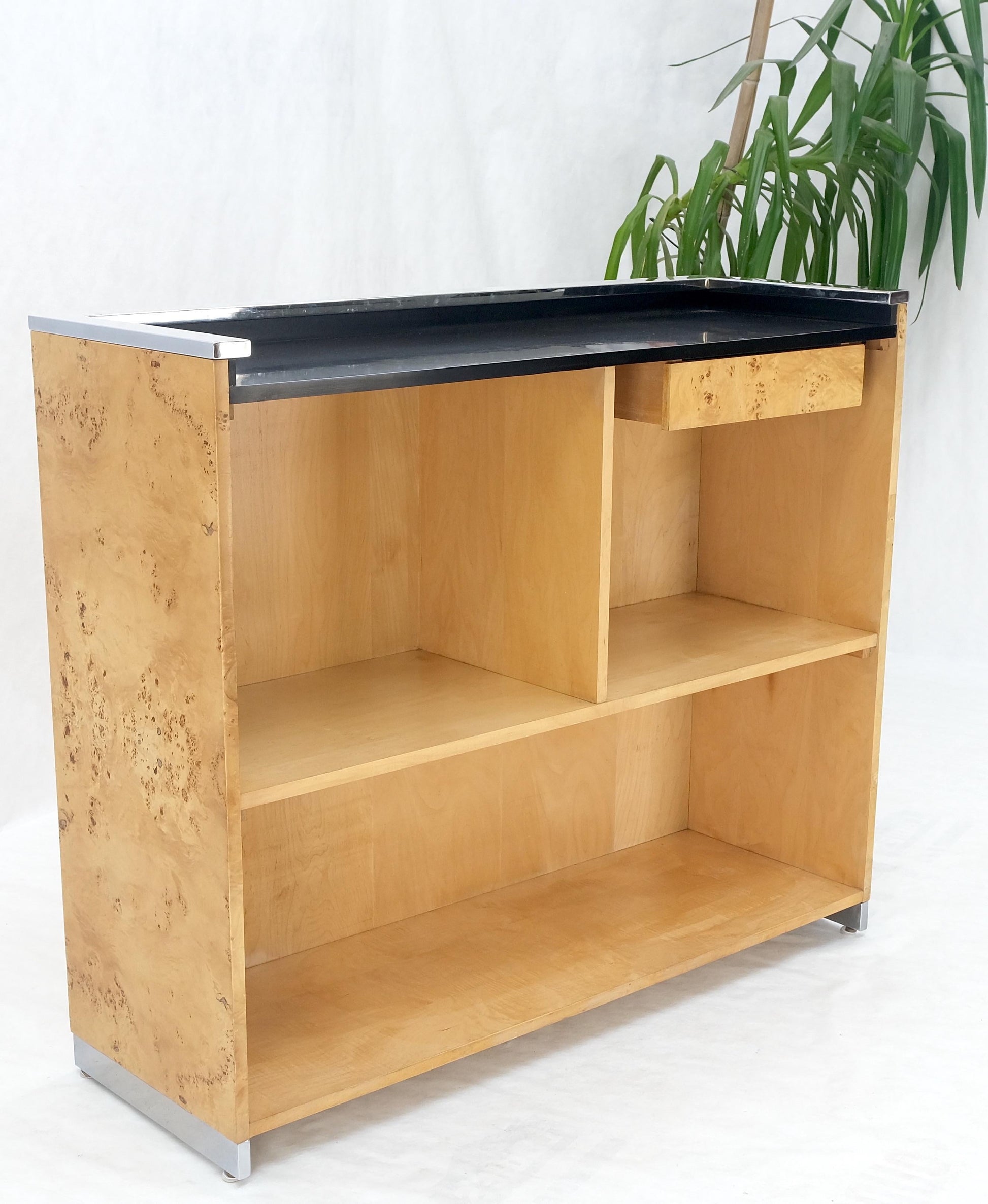 EstablishedLines Milo Baughman Decor Burl Walnut & Chrome Mid-Century Modern Liquor Serving Bar