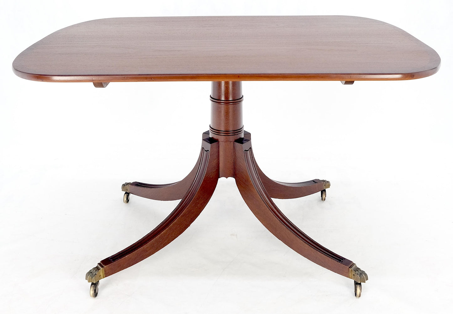 Tilt Top Banded Mahogany Carved Base on Brass Wheels Dining Breakfast Table MINT
