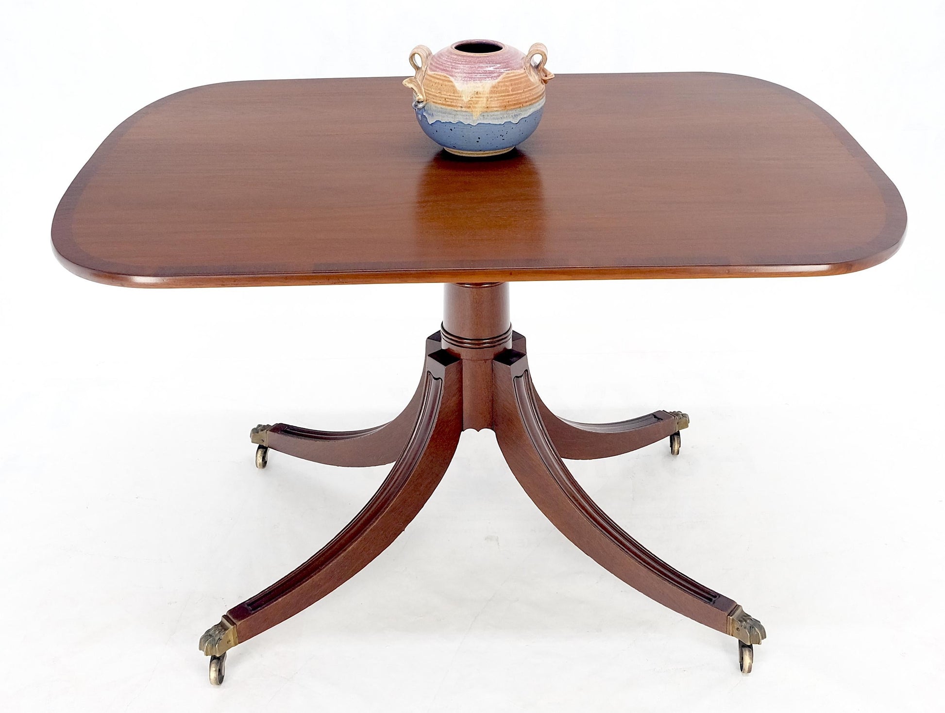 EstablishedLines Tilt Top Banded Mahogany Carved Base on Brass Wheels Dining Breakfast Table MINT