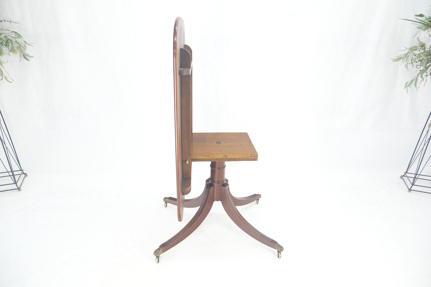 Tilt Top Banded Mahogany Carved Base on Brass Wheels Dining Breakfast Table MINT