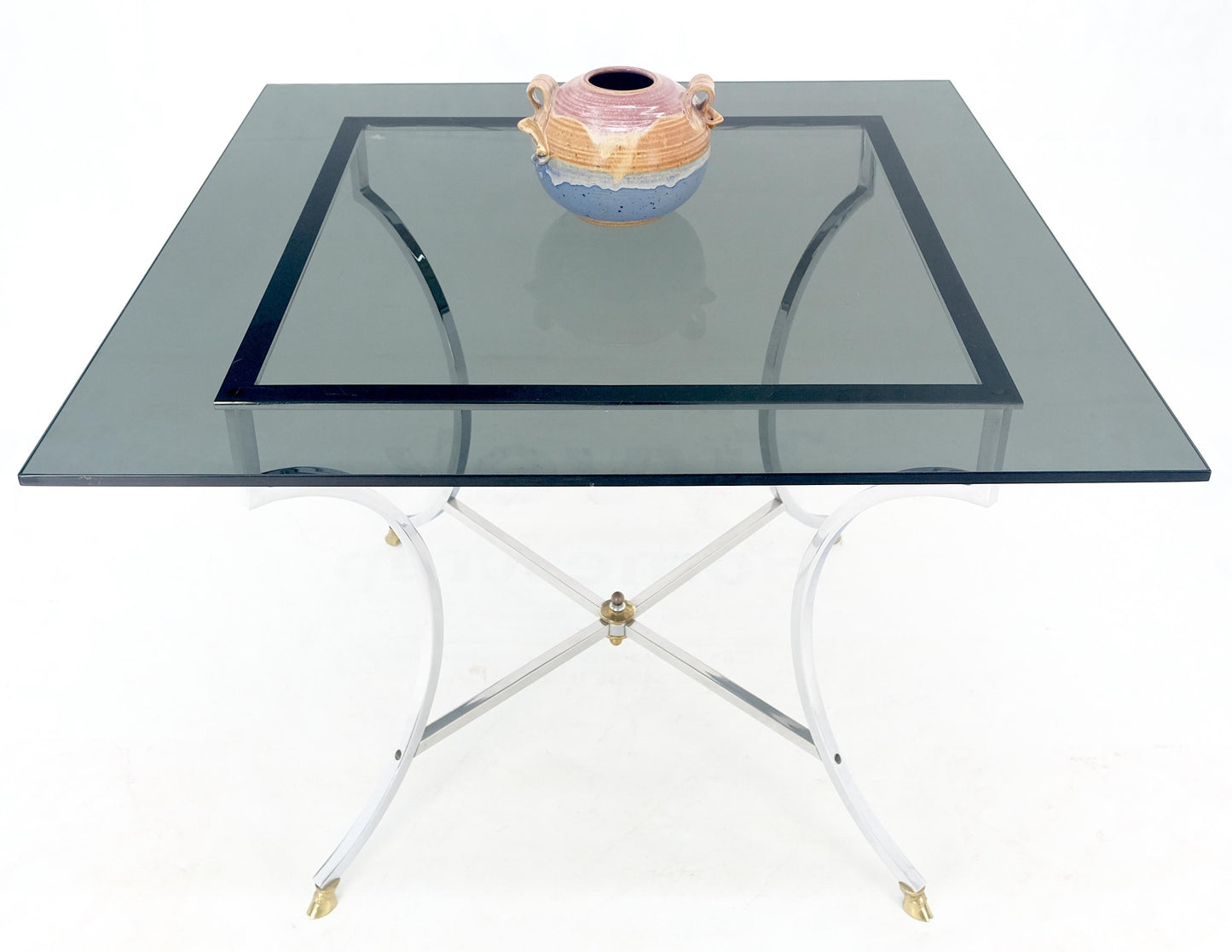 EstablishedLines Chrome & Brass Hoof Feet Base Smoked Glass Top Square Game Dinette Table Italy