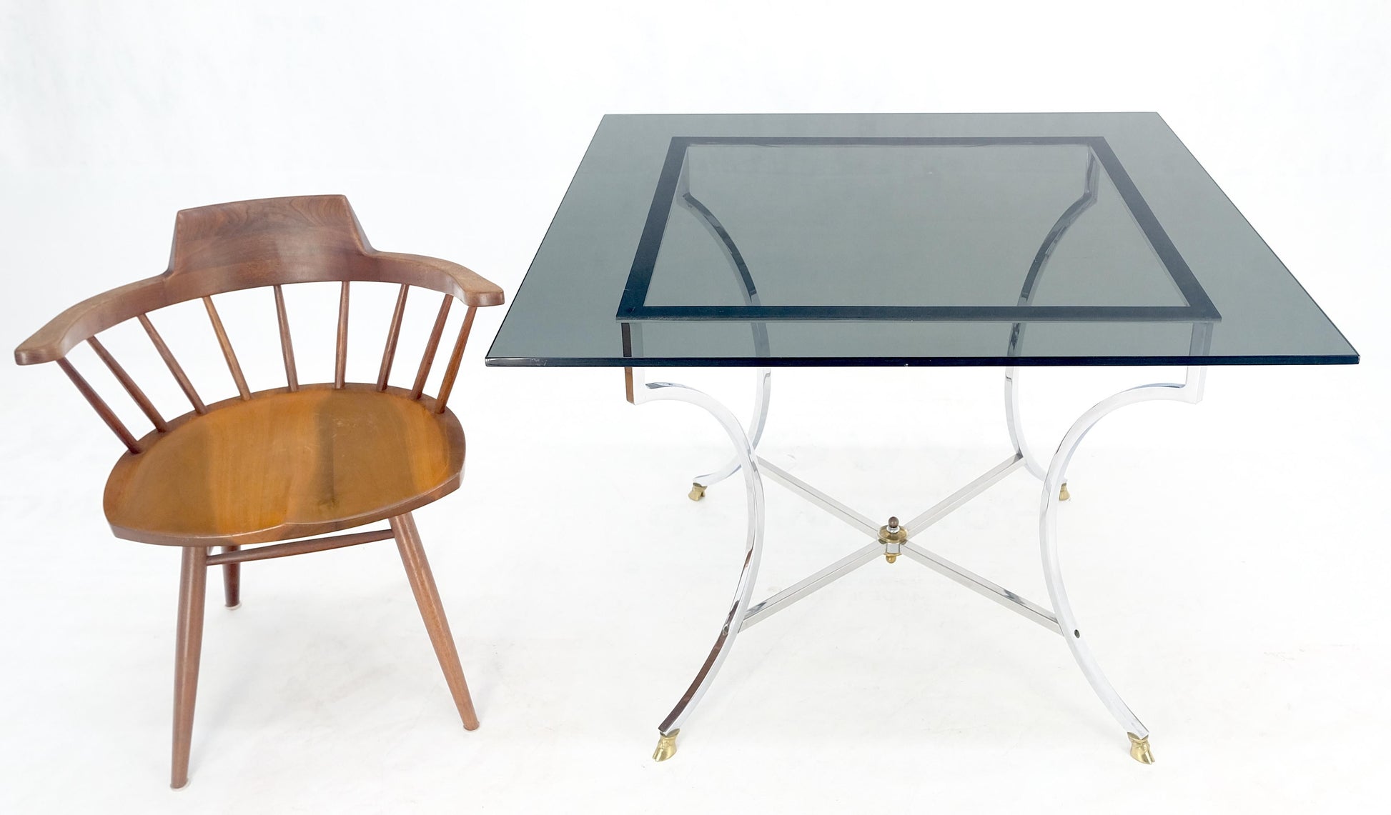 EstablishedLines Chrome & Brass Hoof Feet Base Smoked Glass Top Square Game Dinette Table Italy