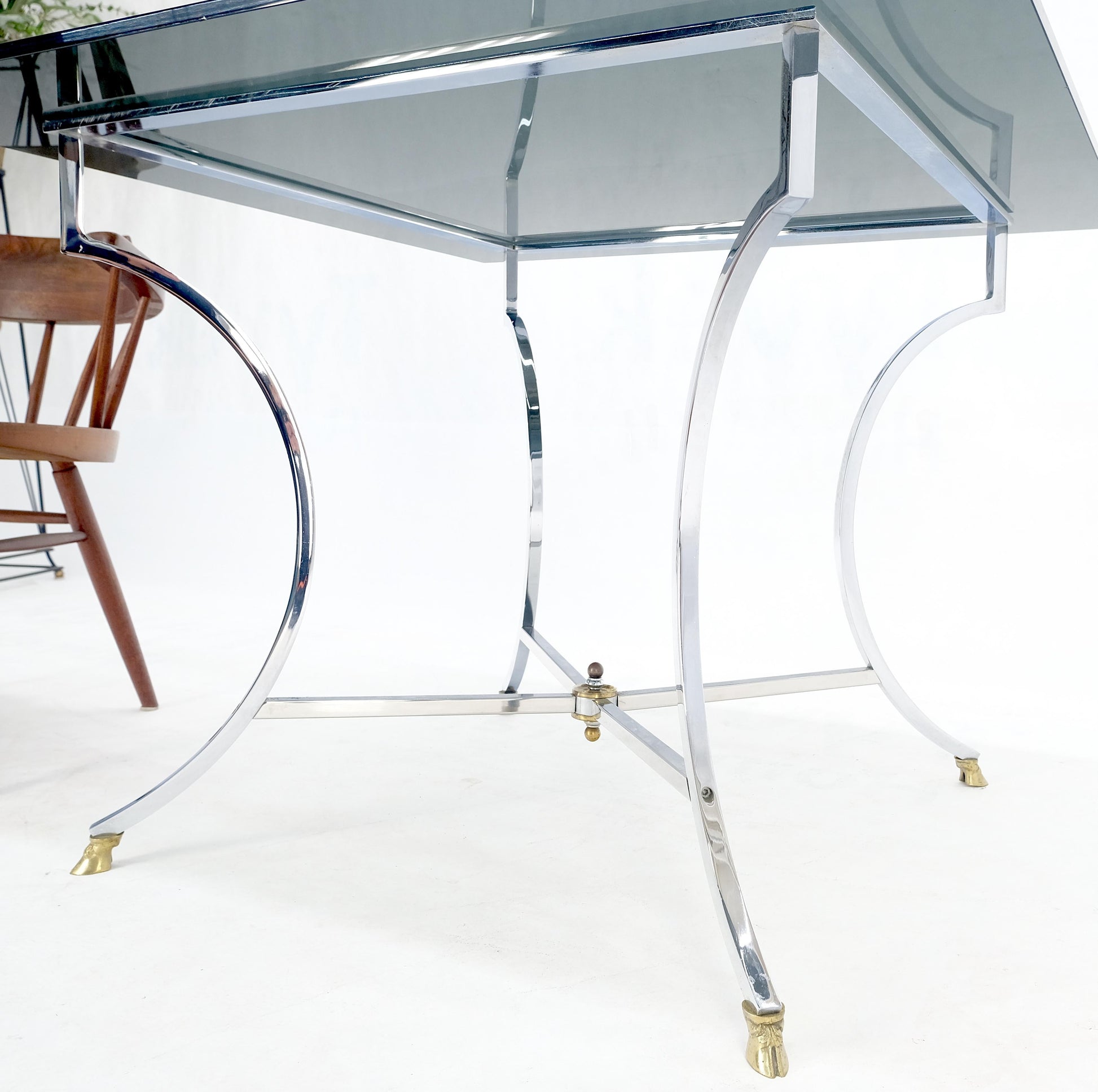 EstablishedLines Chrome & Brass Hoof Feet Base Smoked Glass Top Square Game Dinette Table Italy