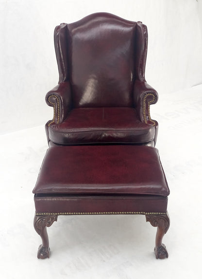 EstablishedLines Kindel Burgundy Leather Upholstery Carved Mahogany Legs Wingback Chair & Ottoman