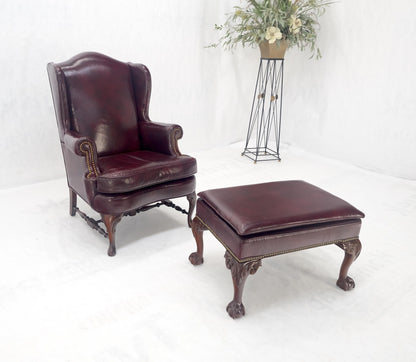 EstablishedLines Kindel Burgundy Leather Upholstery Carved Mahogany Legs Wingback Chair & Ottoman