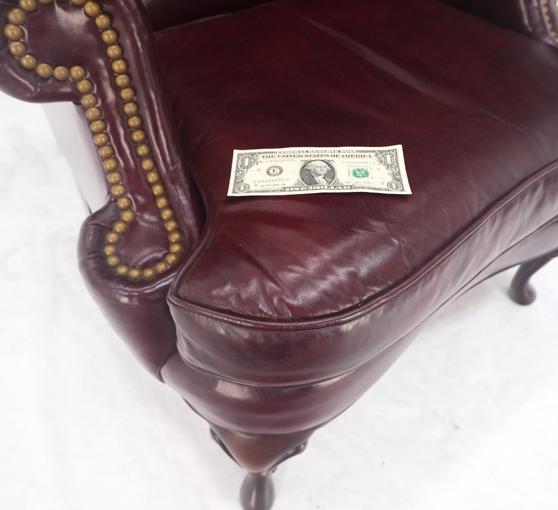 EstablishedLines Kindel Burgundy Leather Upholstery Carved Mahogany Legs Wingback Chair & Ottoman