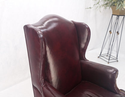 EstablishedLines Kindel Burgundy Leather Upholstery Carved Mahogany Legs Wingback Chair & Ottoman