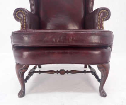 EstablishedLines Kindel Burgundy Leather Upholstery Carved Mahogany Legs Wingback Chair & Ottoman