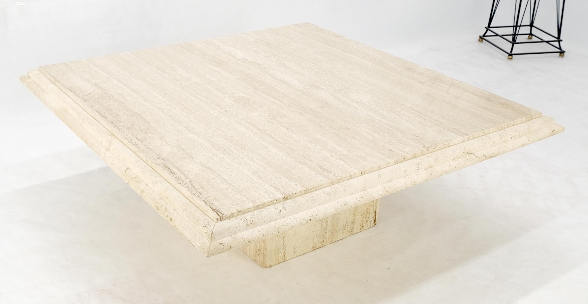 EstablishedLines Large 42" Square Single Pedestal Base Italian Mid Century Travertine Table MINT!