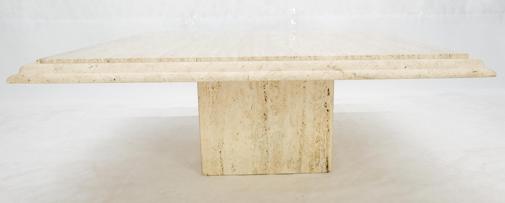 EstablishedLines Large 42" Square Single Pedestal Base Italian Mid Century Travertine Table MINT!