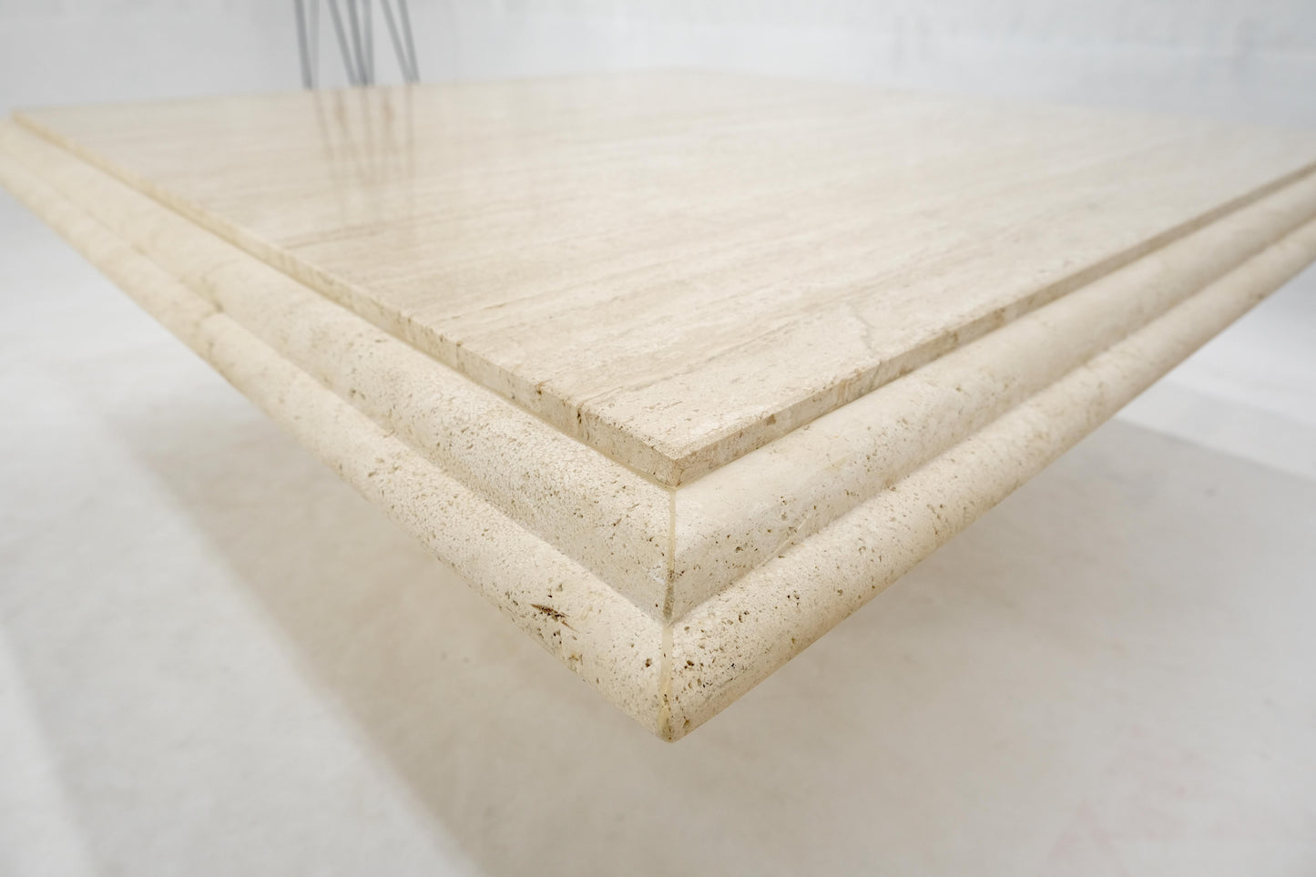 EstablishedLines Large 42" Square Single Pedestal Base Italian Mid Century Travertine Table MINT!